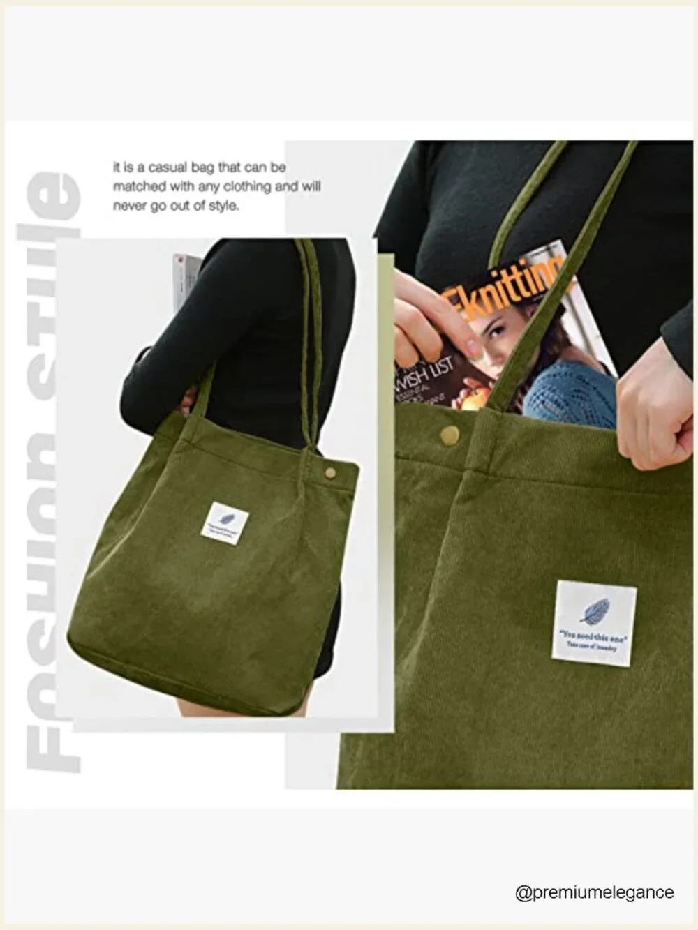 Corduroy Tote Bag Large Capacity Shoulder Purse with Pockets